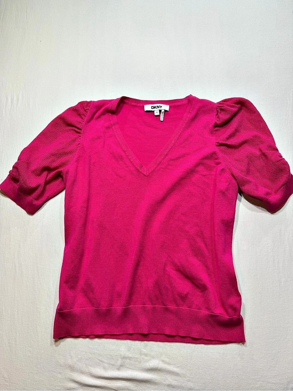 DKNY Pink V-Neck Puff Sleeve Sweater Size XL Like New